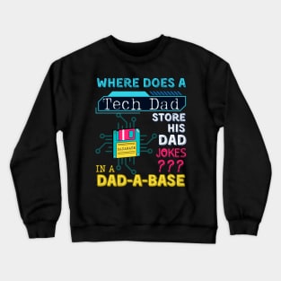 Where Does a Tech Dad Store His Dad Jokes, in a Dadabase. Funny Database Dad Joke for Programmer, Engineer or Tech Dads Father's Day Crewneck Sweatshirt